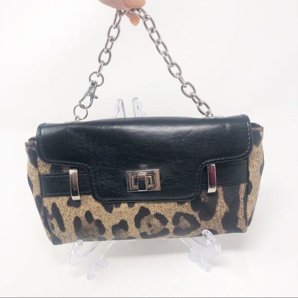 LEOPARD Animal Print Mini Bag Wristlet Purse Silver Chain Strap - Picture 1 of 10